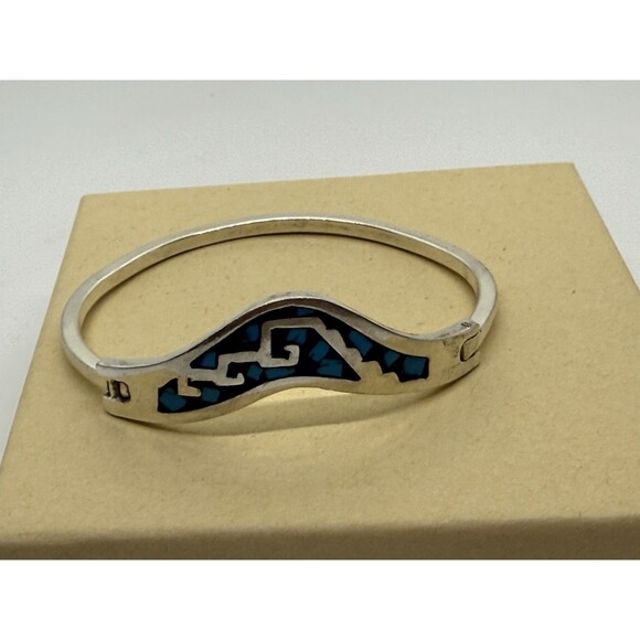 VINTAGE TAXCO MEXICO STERLING SILVER & TURQUOISE INLAY BRACELET LATCHING BANGLE - Picture 10 of 11